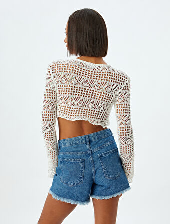 Ajurlu Tişört Crop Uzun Kollu Bisiklet Yaka