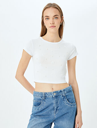 Aplikeli Kısa Kollu Slim Fit Bisiklet Yaka Crop Tişört