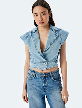 Kolsuz Kruvaze Yaka Crop Denim Düğmeli Yelek