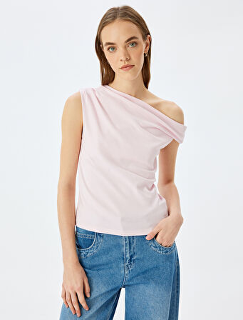 Kayık Yaka Drapeli Kolsuz Slim Fit Bluz