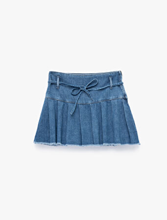 Pamuklu Kemer Detaylı Pileli Denim Mini Şort Etek