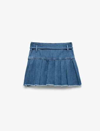 Pamuklu Kemer Detaylı Pileli Denim Mini Şort Etek