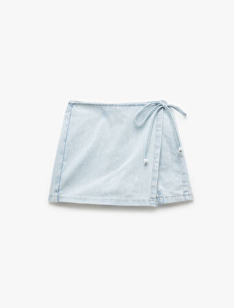 Pamuklu Bağlama Detaylı Mini Denim Şort Etek