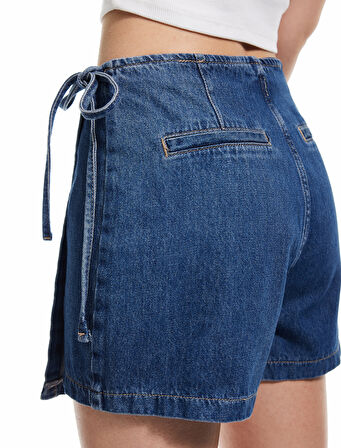 Pamuklu Bağlama Detaylı Mini Denim Şort Etek