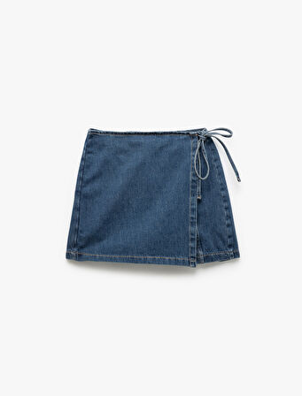 Pamuklu Bağlama Detaylı Mini Denim Şort Etek