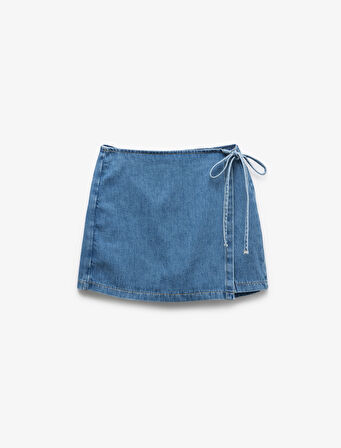 Pamuklu Bağlama Detaylı Mini Denim Şort Etek