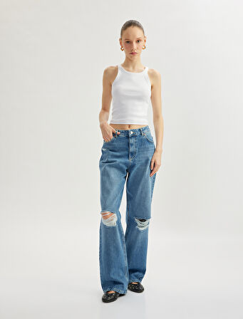 Yüksek Bel Yıpratma Detaylı Pamuklu Denim Pantolon - Straight Jeans