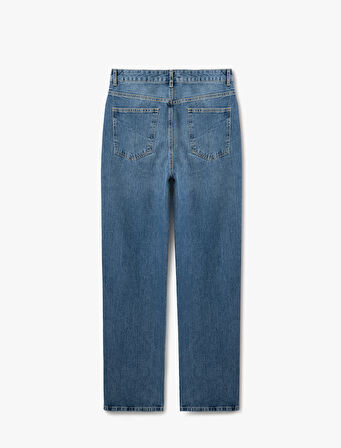 Yüksek Bel Yıpratma Detaylı Pamuklu Denim Pantolon - Straight Jeans