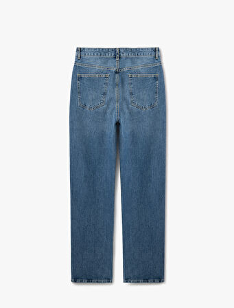 Yüksek Bel Yıpratma Detaylı Pamuklu Denim Pantolon - Straight Jeans