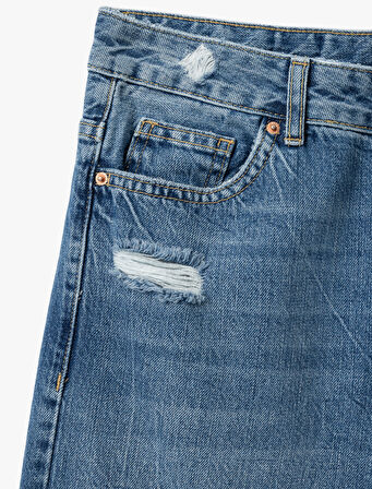 Yüksek Bel Yıpratma Detaylı Pamuklu Denim Pantolon - Straight Jeans
