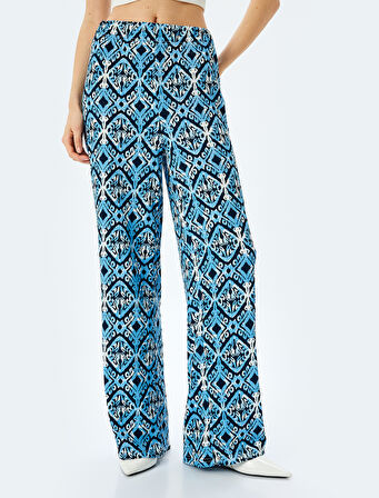 Yüksek Bel Bürümcük Baskılı Geniş Paça Pantolon