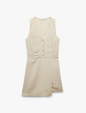 V Yaka Kolsuz Düğmeli Keten Karışımlı Mini Tulum