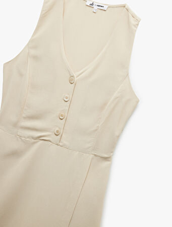 V Yaka Kolsuz Düğmeli Keten Karışımlı Mini Tulum