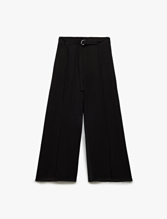 Keten Karışımlı Nervürlü Kemer Detaylı Geniş Paça Pantolon