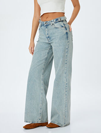 Geniş Paça Kemer Detaylı Cepli Normal Bel Kot Pantolon - Wide Leg Jean