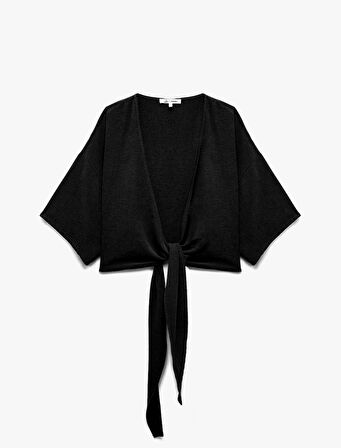 Kısa Kollu Kruvaze Yaka Bağlama Detaylı Oversize Kimono
