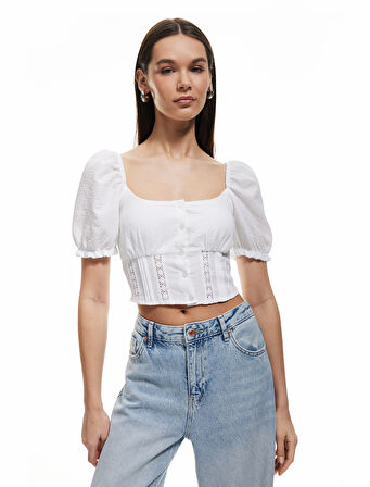 Gipeli Poplin Balon Kol Dantel Detaylı Crop Bluz