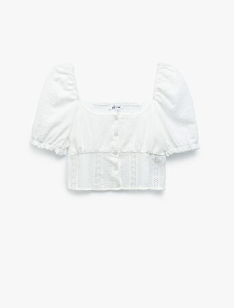 Gipeli Poplin Balon Kol Dantel Detaylı Crop Bluz