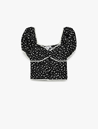 Kalp Yaka Kısa Balon Kollu Çiçekli Crop Bluz