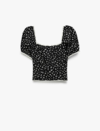 Kalp Yaka Kısa Balon Kollu Çiçekli Crop Bluz