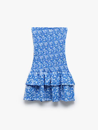 Gipeli Straplez Yaka Çiçekli Volanlı Slip Mini Elbise Bürümcük