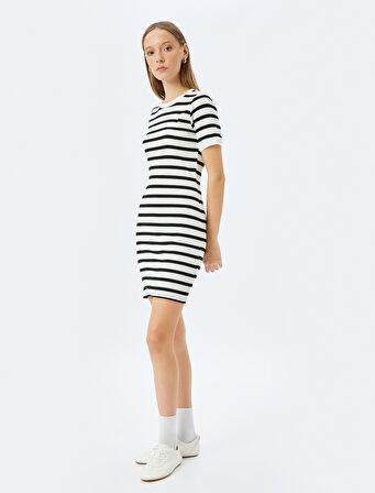 Mini Bisiklet Yaka Kısa Kollu Fitilli Slim Fit Elbise