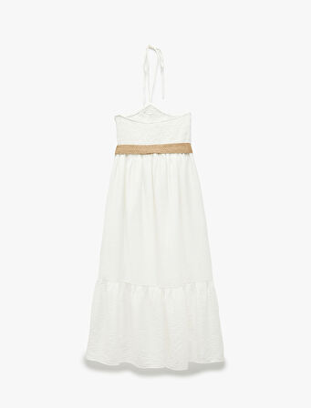 Kemer Detaylı A Kesim Boyundan Bağlamalı Viskon Uzun Halter Yaka Elbise