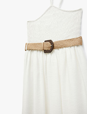 Kemer Detaylı A Kesim Boyundan Bağlamalı Viskon Uzun Halter Yaka Elbise