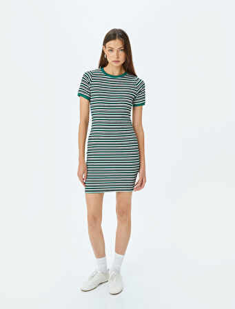 Bisiklet Yaka Kısa Kollu Fitilli Mini Bodycon Elbise