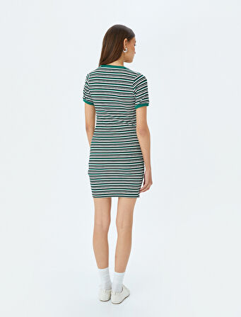 Bisiklet Yaka Kısa Kollu Fitilli Mini Bodycon Elbise