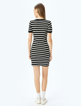 Bisiklet Yaka Kısa Kollu Fitilli Mini Bodycon Elbise