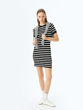 Bisiklet Yaka Kısa Kollu Fitilli Mini Bodycon Elbise
