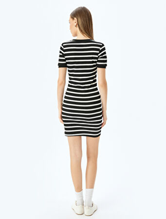 Bisiklet Yaka Kısa Kollu Fitilli Mini Bodycon Elbise