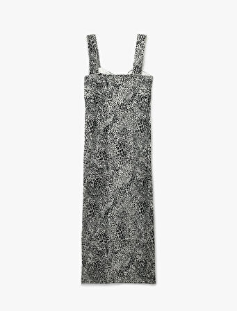 Bürümcük Kalın Askılı Bodycon Yırtmaç Detaylı Kolsuz Uzun Leopar Elbise