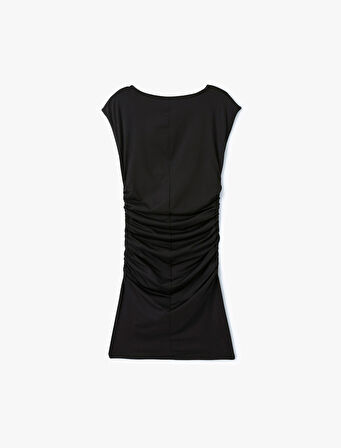Kap Kol Drapeli Kayık Yaka Slim Fit Mini Elbise