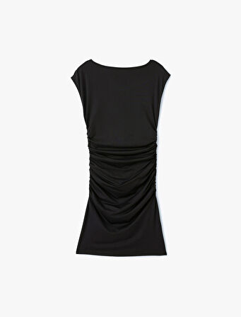 Kap Kol Drapeli Kayık Yaka Slim Fit Mini Elbise