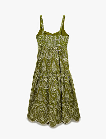 Kolsuz Pamuklu Volanlı Kalp Yaka Gipeli Etnik Uzun Elbise