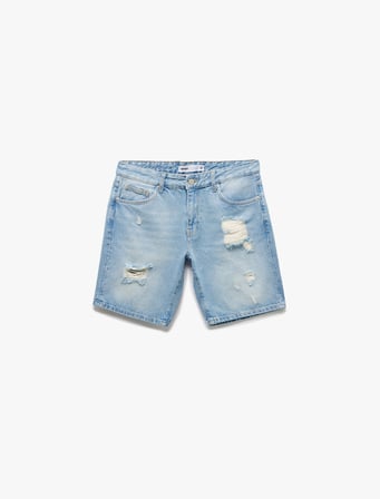 Pamuklu Yırtık Detaylı Bermuda Slim Fit Jean Şort