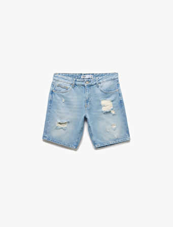 Pamuklu Yırtık Detaylı Bermuda Slim Fit Jean Şort