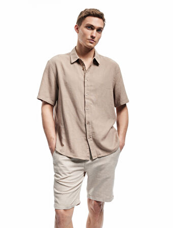Düğmeli Cep Detaylı Keten Pamuk Karışımlı Bermuda Şort