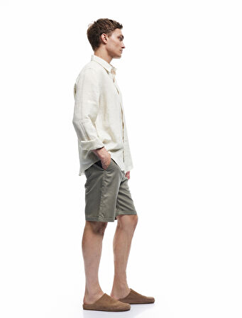 Keten Pamuk Karışımlı Katlamalı Paça Cep Detaylı Beli Bağcıklı Düğmeli Şort