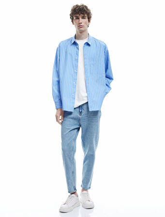 Düğmeli Cepli Pamuklu Loose Fit Jean Pantolon - Loose Straight Fit Jean