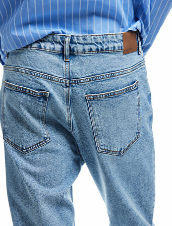 Düğmeli Cepli Pamuklu Loose Fit Jean Pantolon - Loose Straight Fit Jean