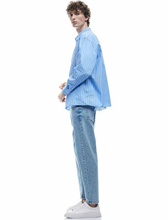 Düğmeli Cepli Pamuklu Loose Fit Jean Pantolon - Loose Straight Fit Jean