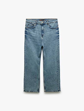 Düğmeli Cepli Pamuklu Loose Fit Jean Pantolon - Loose Straight Fit Jean