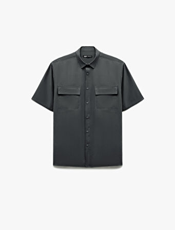Düğmeli Klasik Yaka Kapaklı Cep Detaylı Rayon Regular Fit Viskon Kısa Kollu Gömlek