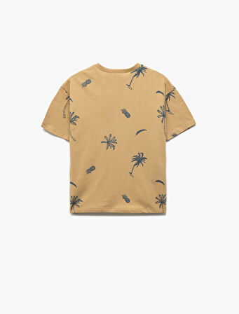 Palmiye Baskılı Kısa Kollu Bisiklet Yaka Pamuklu Tişört