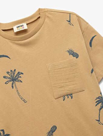 Palmiye Baskılı Kısa Kollu Bisiklet Yaka Pamuklu Tişört