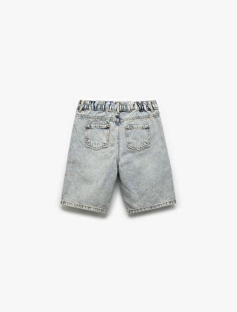 Denim Şort Beli Bağlamalı Düğmeli Cepli Pamuklu