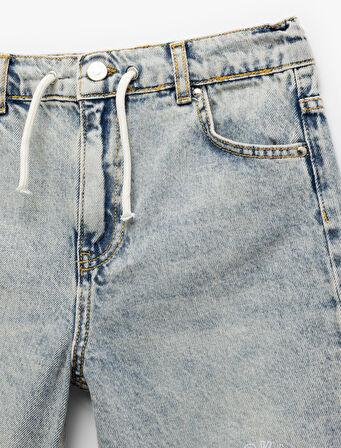 Denim Şort Beli Bağlamalı Düğmeli Cepli Pamuklu